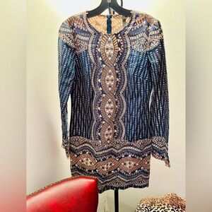 BCBGMAXAZRIA Allina Dark Ink Combo Boho Zip Back Shift Dress, XXS in EUC
